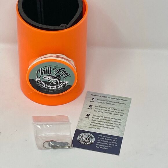 Chill-N-Reel Fishing Can Cooler Kit Hard Shell Drink Koozie Orange New Unsealed - Picture 3 of 12
